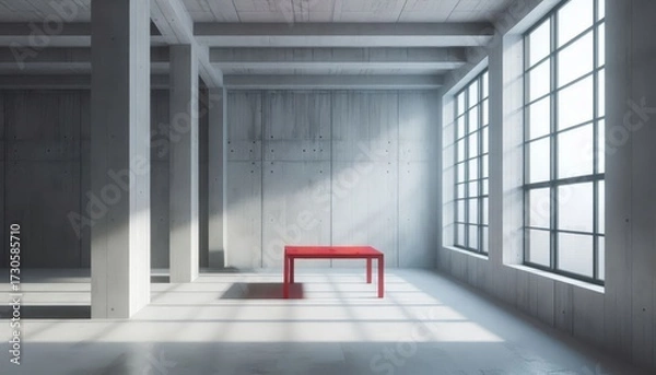 Fototapeta Bright, minimalistic workspace with a red table and large windows in an industrial setting