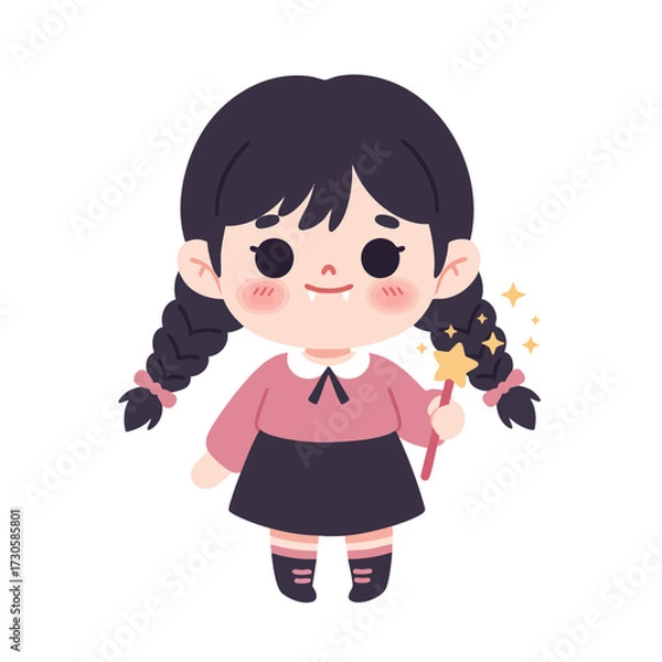 Fototapeta Cute cartoon illustration of a little girl with a flower, a smiling child character design perfect for vector art and funny clipart