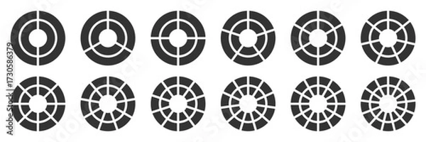 Fototapeta Black silhouette pie chart diagram set. Radial segmented infographic. Data visualization icon. Wheel Segment. Concentric divided rings. Minimal design element for business analytic statistics