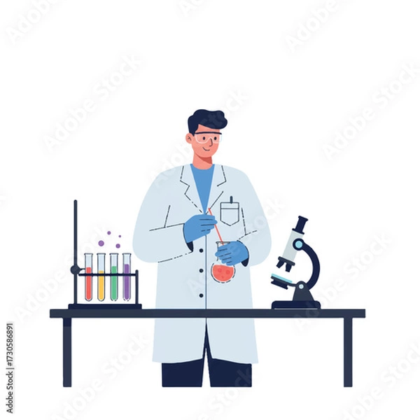 Fototapeta A focused scientist in a lab coat precisely mixes chemicals in a beaker during an experiment, surrounded by a test tube rack and microscope on a lab bench in a vibrant 2D flat vector illustration.