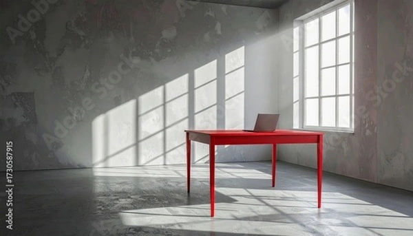 Fototapeta Minimalist workspace with red table and laptop in sunlit room at midday