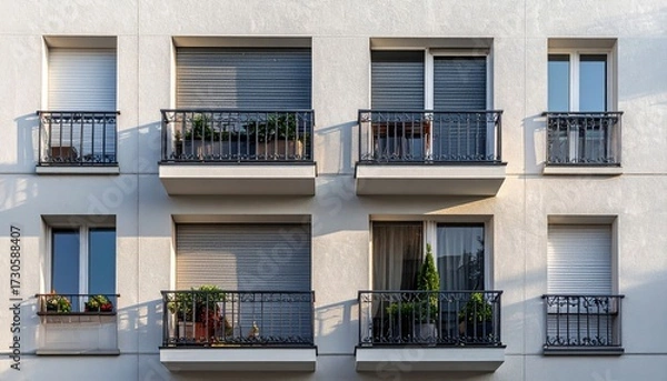 Fototapeta Balconies adorned with plants in an urban building during late afternoon sunlight