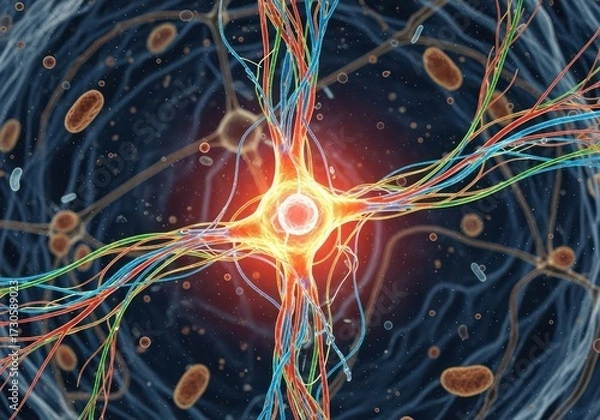 Fototapeta illustration of a neuron cell transferring signals in abstract macro space