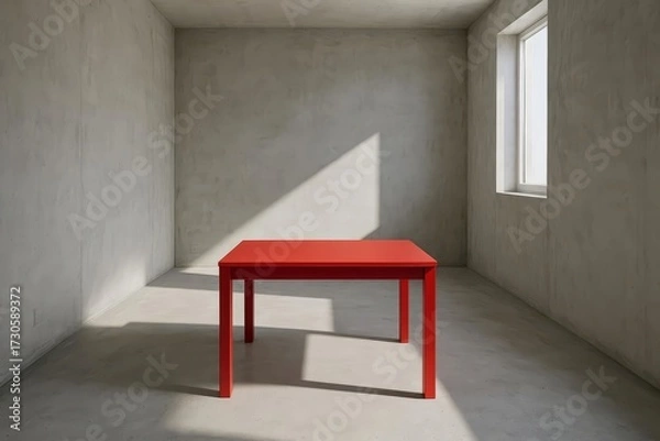 Fototapeta Bright red table placed in a minimalist gray room with soft natural light pouring through the window