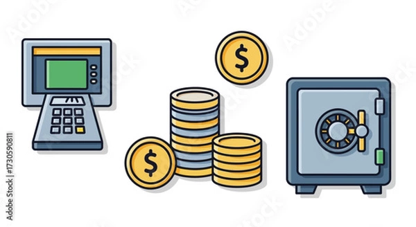 Obraz ATM, Stacked Coins, and Safe - Banking and Finance Icons.