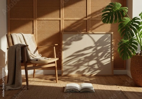 Obraz Sun-drenched Japandi Reading Nook with Monstera Shadows on a Rattan Screen and Blank Frame.