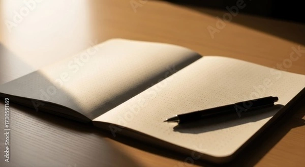 Fototapeta Open dotted notebook with blank pages and a pen resting on it under soft warm lighting indoors
