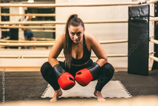 Fototapeta Female boxer prepares for training session in gym, showcasing strength and determination during workout with gloves