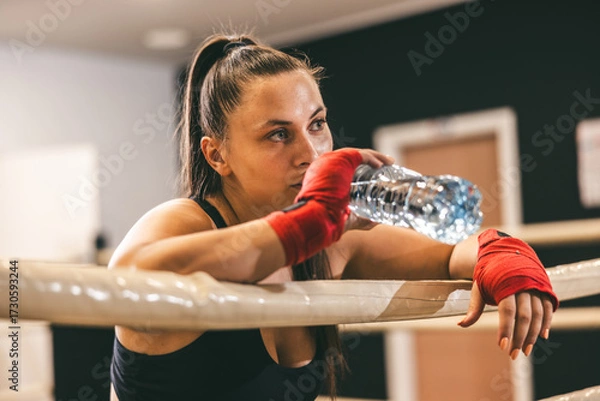 Fototapeta Female boxer resting and hydrating in training session at gym