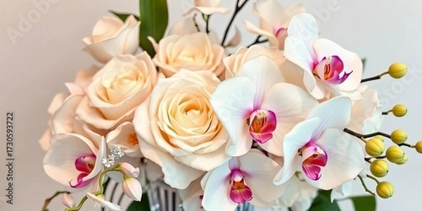 Fototapeta Opulent ivory roses & cascading orchids, crystal accents,  texture,   close-up