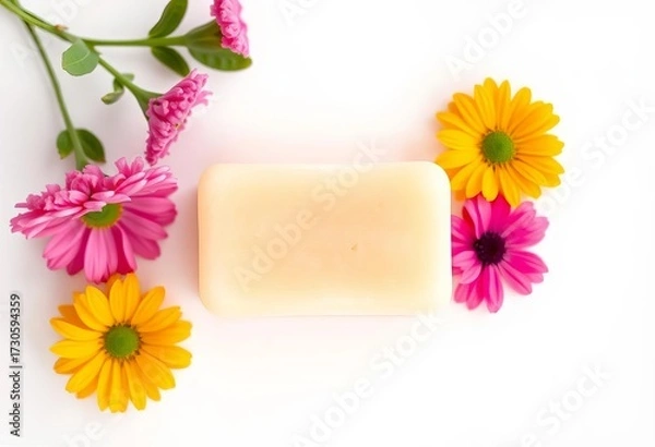 Fototapeta Single bar of soap, top view, clean white background,  bath soap,  handmade
