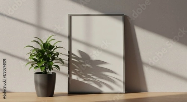 Obraz Sun-drenched Minimalist Mockup: Blank Frame and Potted Plant with Dramatic Window Shadows