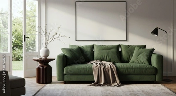 Obraz Sun-Drenched Sanctuary: Green Sofa and Blank Canvas Overlooking a Lush Garden