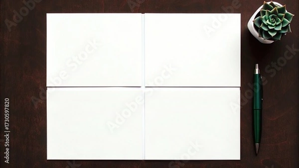 Fototapeta Blank paper divided into four sections with pen and succulent