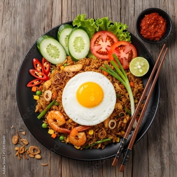 Fototapeta Flat lay photo of Indonesian fried rice with a sunny side up egg on top