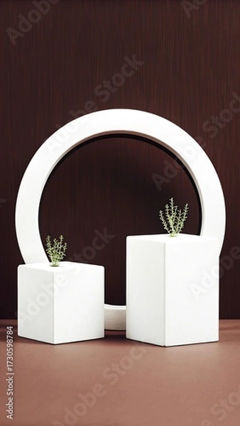 Fototapeta Two white cubes with small plants in front of a white circle arch