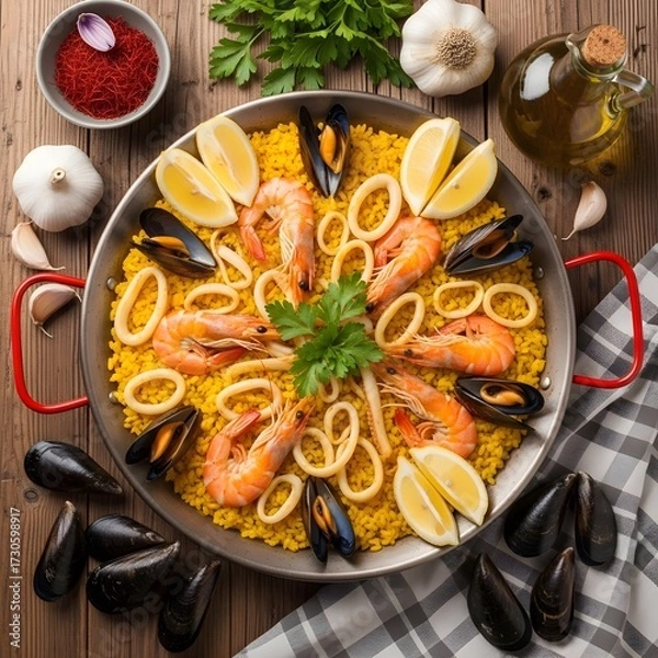 Fototapeta Flat lay photo of Japanese sushi on a wooden table with chopsticks.