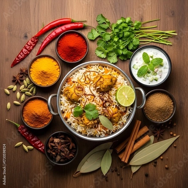 Fototapeta Flat lay photo of Padang rendang with white rice.