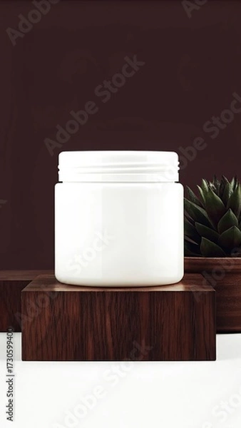 Fototapeta White jar with lid on wooden block next to succulent plant