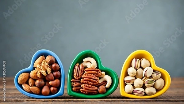 Fototapeta Three heart-shaped bowls filled with delicious mixed nuts on a wooden surface