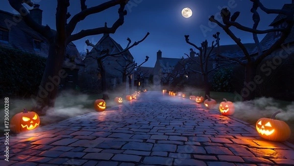 Fototapeta Haunted halloween night pathway lined with jack-o'-lanterns leading to spooky trees and houses