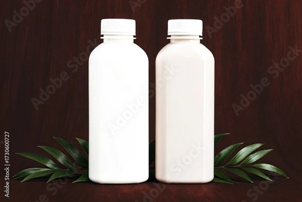 Fototapeta Two white bottles with green leaves on a dark background