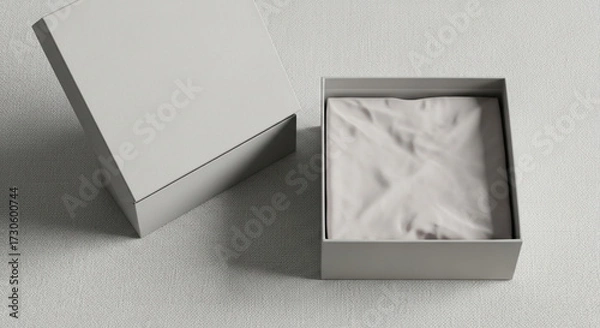 Fototapeta Luxurious Minimalist Packaging Open Gray Gift Box with Cloth on Textured Surface