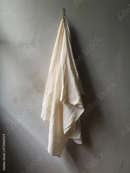 Fototapeta Soft linen towel hanging on a textured gray wall with subtle shadows and light