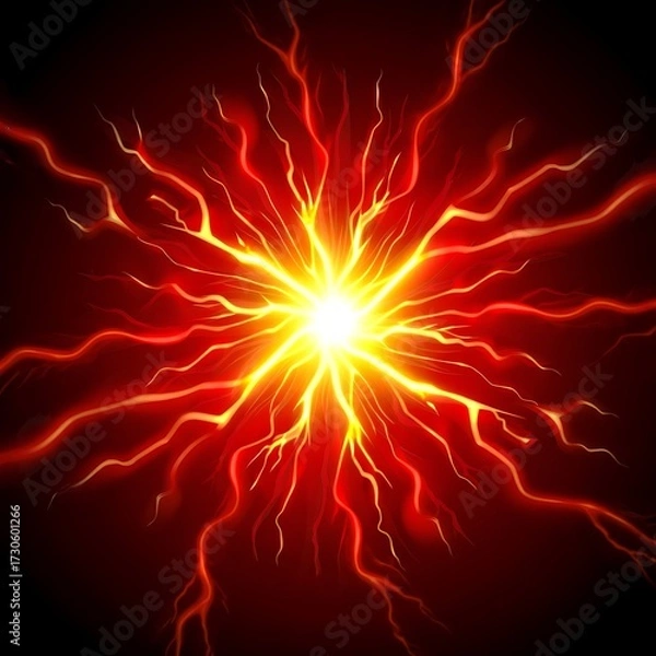 Fototapeta Intense bright explosion of red and yellow energy radiating outwards like lightning bolts