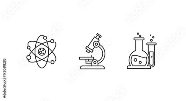 Obraz Simple Line Art Icons of Atom, Microscope, and Laboratory Glassware.