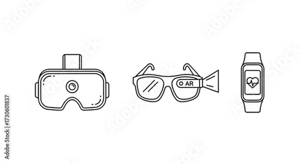 Obraz Three distinct wearable technology devices - VR headset, AR glasses, and smartwatch.