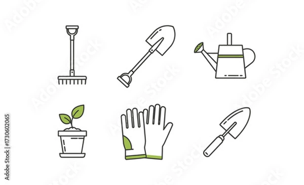 Obraz Vector Illustration of Gardening Tools Set with Outline Style and Green Accents.