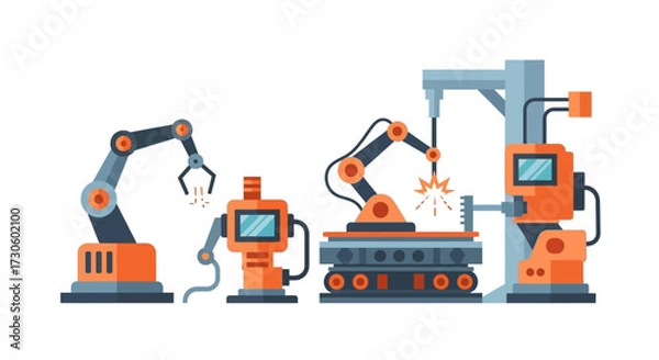 Obraz Vector Illustration of Industrial Robotic Arms in Manufacturing Processes, Orange and Gray.