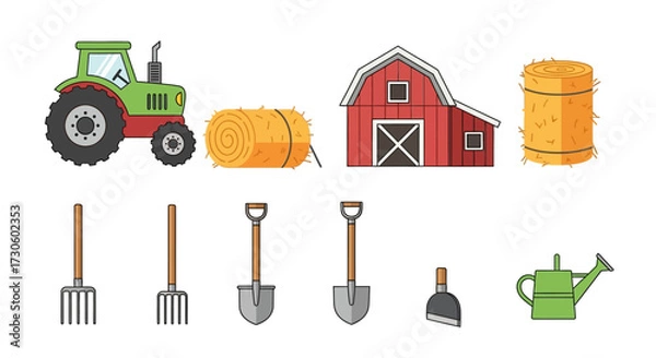 Obraz Vibrant Illustrated Farm Equipment and Structures Collection.