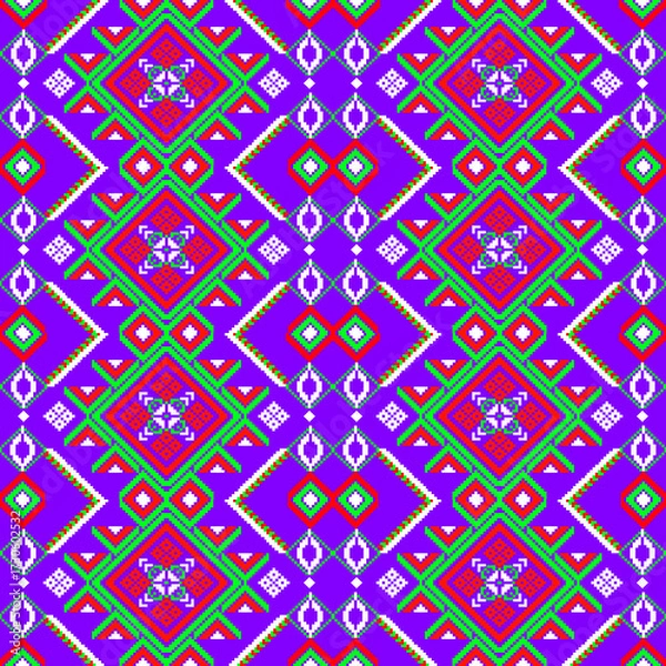 Obraz seamless geometric pattern
seamless geometric pattern with a bright color palette. The design features a bold combination of diamonds, sunbursts, and abstract floral motifs in blue, yellow, red, 