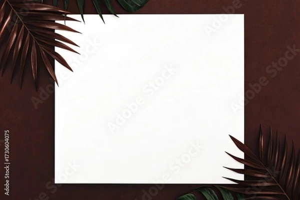 Fototapeta Dark palm leaves framing a white square on a dark brown background
