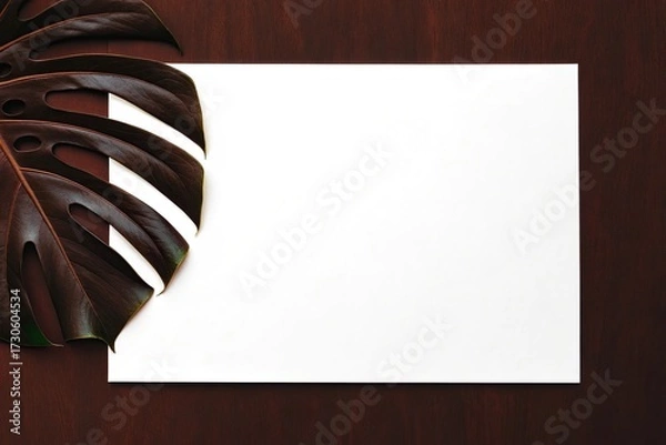 Fototapeta Large dark monstera leaf on a dark brown background with white paper