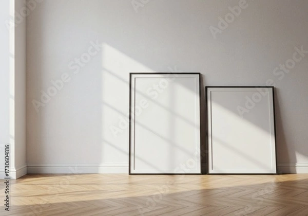Obraz Sunlit Minimalist Interior: Blank Frames on White Wall, Herringbone Parquet Floor, Geometric Shadows