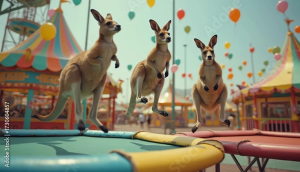 Fototapeta Kangaroos jumping on a trampoline at a colorful carnival, surreal australian animals at amusement park, fun summer holiday vacation concept