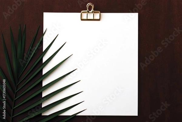Fototapeta White paper on clipboard with palm leaf and gold clip