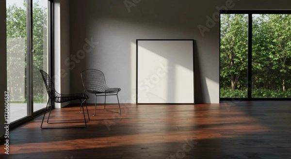 Obraz Sunlit Minimalist Interior with Blank Frame Mockup, Modern Chairs, and Serene Garden View.