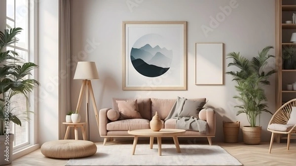 Fototapeta Minimalist interior with a boucle sofa, blue accents, and artistic decor, creating a tranquil and stylish atmosphere.