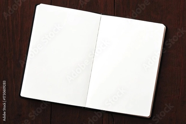 Fototapeta Open blank notebook on a dark wooden table, top view