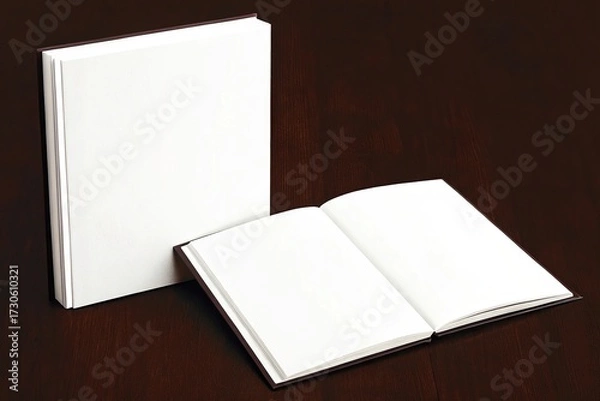 Fototapeta Two blank books, one open and one closed, on dark background