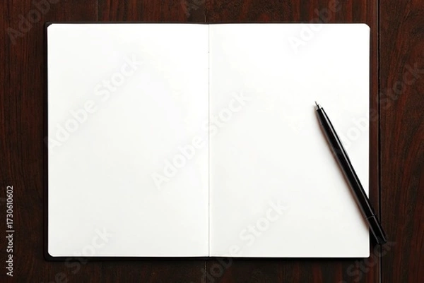 Fototapeta Open blank notebook with pen on a dark wooden surface