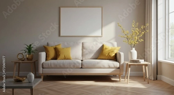 Obraz Sunny Minimalist Living Room Interior with Beige Sofa, Yellow Pillows, Blank Frame, and Natural Light