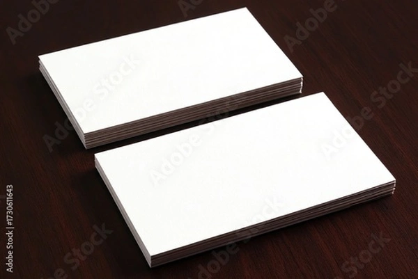 Fototapeta Two horizontal stacks of blank white business cards on dark surface