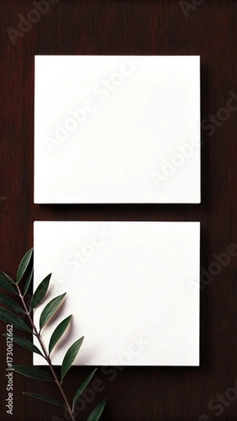 Fototapeta Two blank white squares on a dark wooden background with leaf