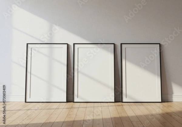 Obraz Three Blank Frames Leaning Against Wall, Natural Light, Minimalist Design.