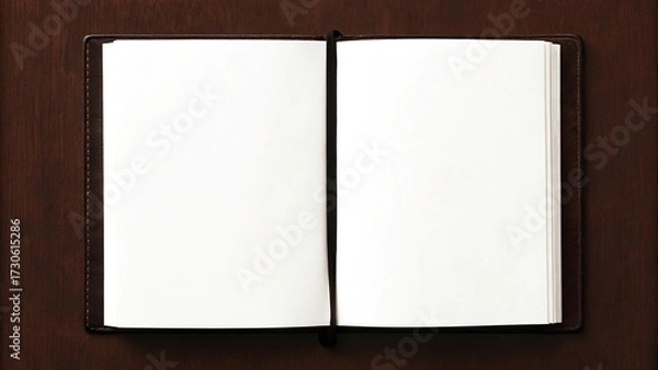 Fototapeta Open blank book with white pages on a dark wooden surface